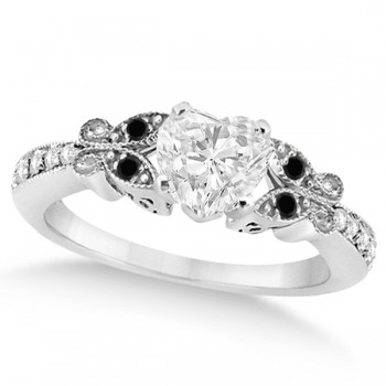 Black & White Diamond Heart Butterfly Engagement Ring 14k W Gold 1.50ct