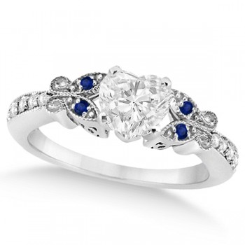 Heart Diamond & Blue Sapphire Butterfly Engagement Ring 14k W Gold 0.50ct