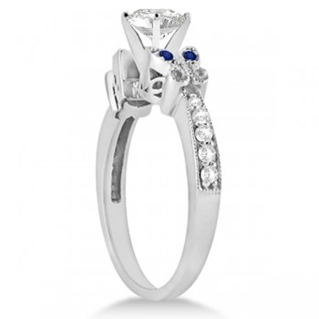 Heart Diamond & Blue Sapphire Butterfly Engagement Ring 14k W Gold 0.50ct