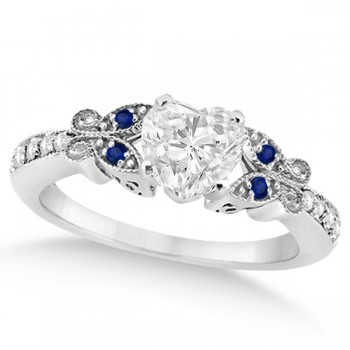Heart Diamond & Blue Sapphire Butterfly Engagement Ring 14k W Gold 1.00ct