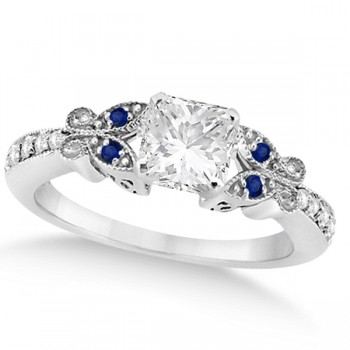 Princess Diamond & Blue Sapphire Butterfly Engagement Ring 14k W Gold 0.50ct