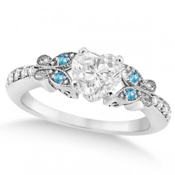 Heart Diamond & Blue Topaz Butterfly Engagement Ring 14k W Gold 0.75ct