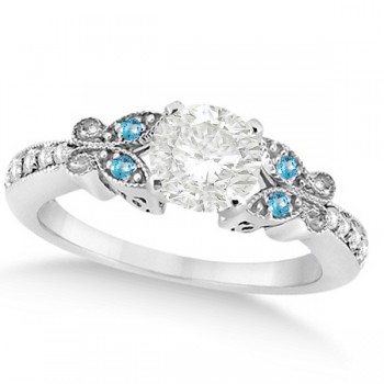 Round Diamond & Blue Topaz Butterfly Engagement Ring in 14k W Gold 0.50ct