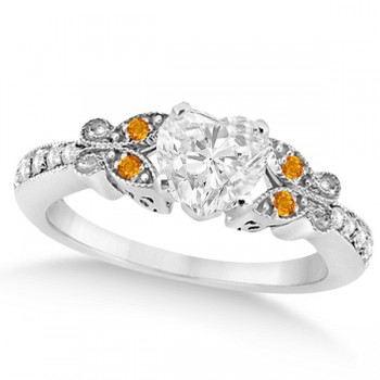 Heart Diamond & Citrine Butterfly Engagement Ring 14k W Gold 0.50ct