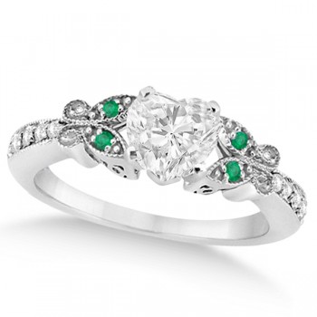 Heart Diamond & Emerald Butterfly Engagement Ring 14k W Gold 0.50ct