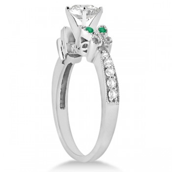 Heart Diamond & Emerald Butterfly Engagement Ring 14k W Gold 0.50ct