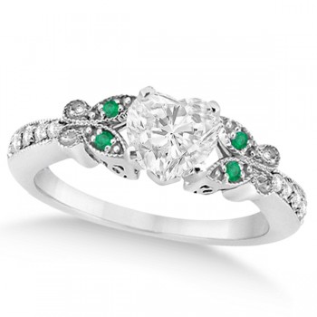 Heart Diamond & Emerald Butterfly Engagement Ring 14k W Gold 0.75ct