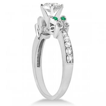 Heart Diamond & Emerald Butterfly Engagement Ring 14k W Gold 0.75ct