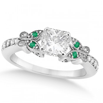 Princess Diamond & Emerald Butterfly Engagement Ring 14k W Gold 0.50ct