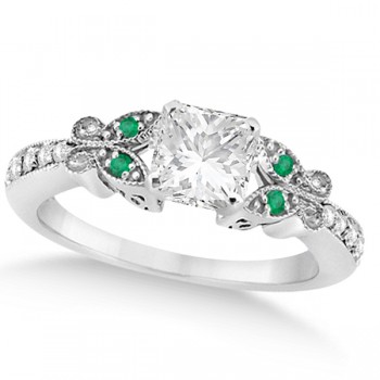 Princess Diamond & Emerald Butterfly Engagement Ring 14k W Gold 1.00ct