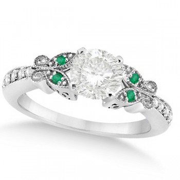 Round Diamond & Emerald Butterfly Engagement Ring in 14k W Gold 0.75ct