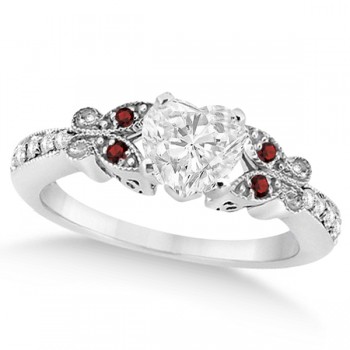 Heart Diamond & Garnet Butterfly Engagement Ring 14k W Gold 1.50ct