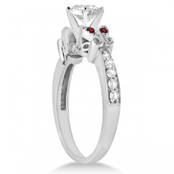 Round Diamond & Garnet Butterfly Engagement Ring in 14k W Gold (0.75ct)