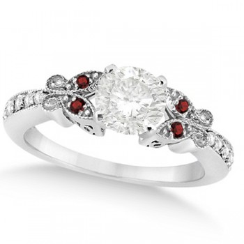 Round Diamond & Garnet Butterfly Engagement Ring in 14k W Gold (1.50ct)