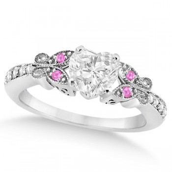 Heart Diamond & Pink Sapphire Butterfly Engagement Ring 14k W Gold 0.50ct