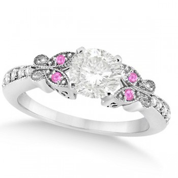 Round Diamond & Pink Sapphire Butterfly Engagement Ring 14k W Gold 0.75ct