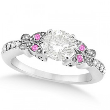 Round Diamond & Pink Sapphire Butterfly Engagement Ring 14k W Gold 1.50ct