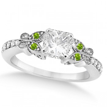 Princess Diamond & Peridot Butterfly Engagement Ring 14k W Gold 1.00ct