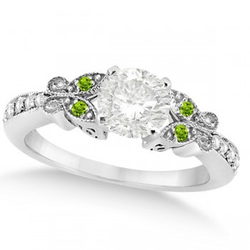 Round Diamond & Peridot Butterfly Engagement Ring in 14k W Gold 0.75ct