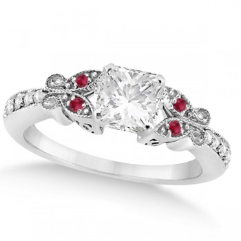 Princess Diamond & Ruby Butterfly Engagement Ring 14k White Gold (0.50ct)