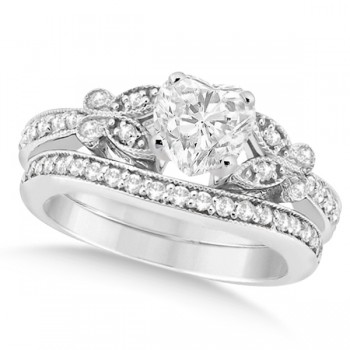 Heart Diamond Butterfly Design Bridal Ring Set 14k White Gold (0.76ct)