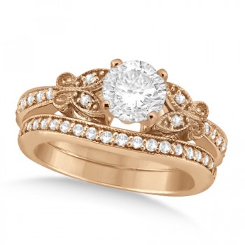 Round Diamond Butterfly Design Bridal Ring Set 14k Rose Gold (0.76ct)