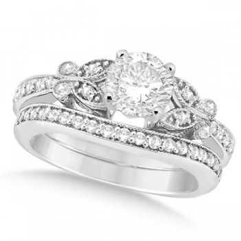 Round Diamond Butterfly Design Bridal Ring Set 14k White Gold (0.76ct)