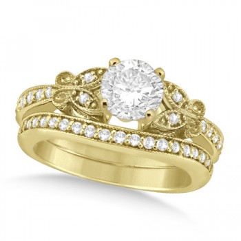 Round Diamond Butterfly Design Bridal Ring Set 14k Yellow Gold (0.76ct)