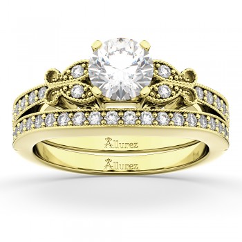 Butterfly Engagement Ring & Wedding Band Bridal Set 18k Yellow Gold (0.42ct)