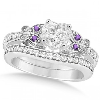 Heart Diamond & Amethyst Butterfly Bridal Set in 14k W Gold (1.21ct)