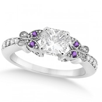 Princess Diamond & Amethyst Butterfly Bridal Set in 14k W Gold 0.71ct