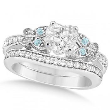 Heart Diamond & Aquamarine Butterfly Bridal Set in 14k W Gold (0.71ct)