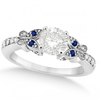 Round Diamond & Blue Sapphire Butterfly Bridal Set in 14k W Gold 0.96ct