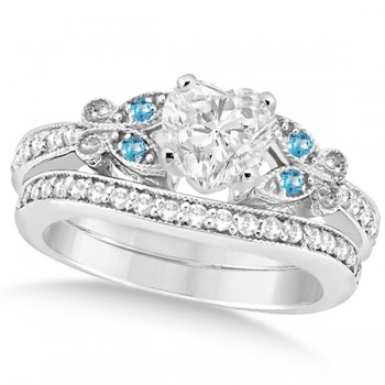 Heart Diamond & Blue Topaz Butterfly Bridal Set in 14k W Gold (1.21ct)