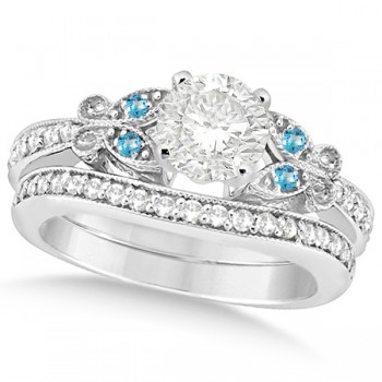 Round Diamond & Blue Topaz Butterfly Bridal Set in 14k W Gold (0.96ct)