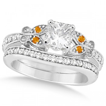 Princess Diamond & Citrine Butterfly Bridal Set in 14k W Gold (0.71ct)