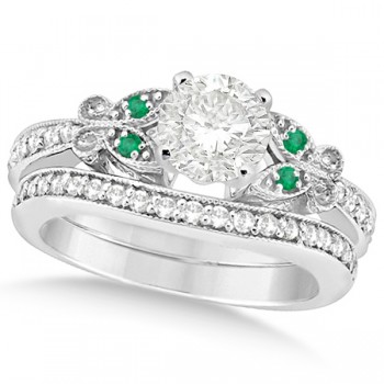 Round Diamond & Emerald Butterfly Bridal Set in 14k W Gold (1.21ct)