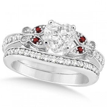 Heart Diamond & Garnet Butterfly Bridal Set in 14k W Gold (0.71ct)