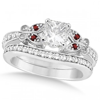 Princess Diamond & Garnet Butterfly Bridal Set 14k White Gold (0.71ct)