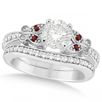 Round Diamond & Garnet Butterfly Bridal Set in 14k White Gold (0.71ct)