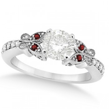 Round Diamond & Garnet Butterfly Bridal Set in 14k White Gold (0.71ct)