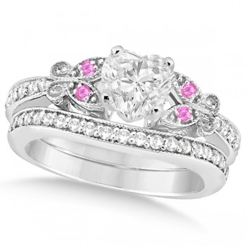 Heart Diamond & Pink Sapphire Butterfly Bridal Set in 14k W Gold (1.21ct)