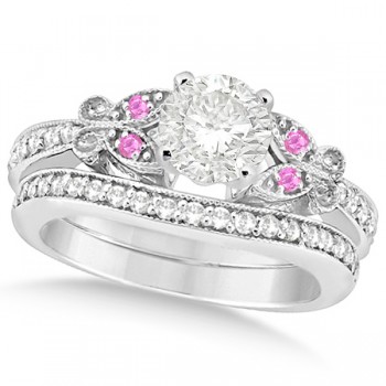 Round Diamond & Pink Sapphire Butterfly Bridal Set in 14k W Gold 0.96ct