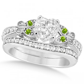 Heart Diamond & Peridot Butterfly Bridal Set in 14k W Gold (0.71ct)