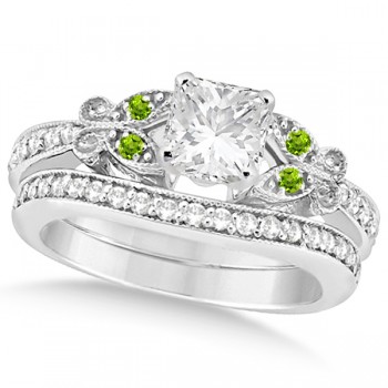 Princess Diamond & Peridot Butterfly Bridal Set in 14k W Gold (0.96ct)