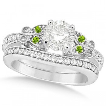 Round Diamond & Peridot Butterfly Bridal Set in 14k White Gold 0.71ct