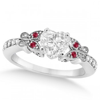 Heart Diamond & Ruby Butterfly Bridal Set in 14k White Gold (1.21ct)
