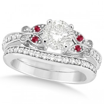 Round Diamond & Ruby Butterfly Bridal Set in 14k White Gold (0.71ct)