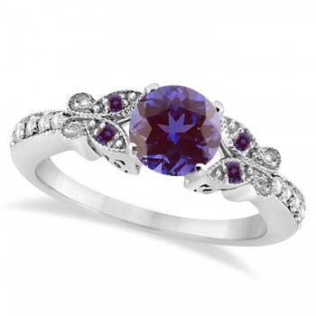 Butterfly Alexandrite & Diamond Engagement Ring 18K White Gold .88ct