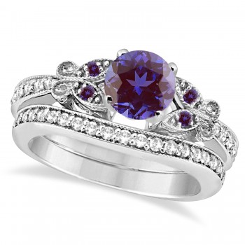 Butterfly Alexandrite & Diamond Bridal Set 18K White Gold 1.10ct